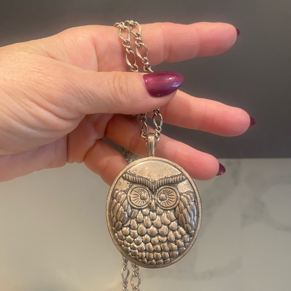 Free People Owl Pendant double sided with long Necklace silver tone
